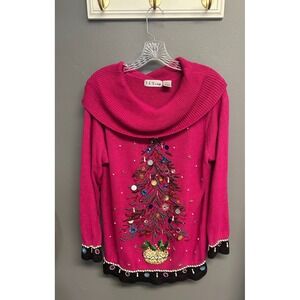Vintage B.P. Design Christmas Womens L Sweater Pink Tree Beaded Knit Cowl Neck